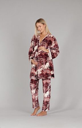 Bone Club 5301 Bej Kadife Lohusa 3 Lü Pijama Sabahlık Tk.