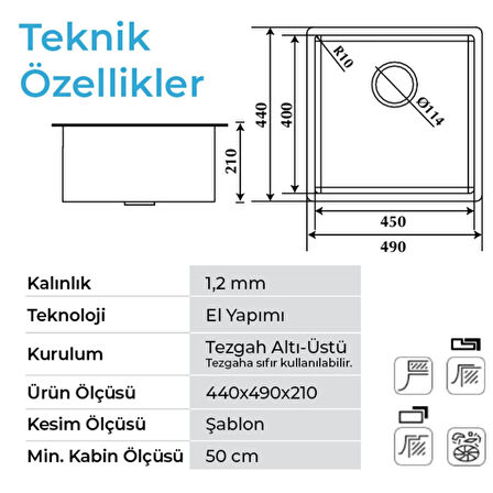 Crauf Stella 4449 PVD Bakır 40x45 El Yapımı Paslanmaz Çelik Mutfak Eviyesi