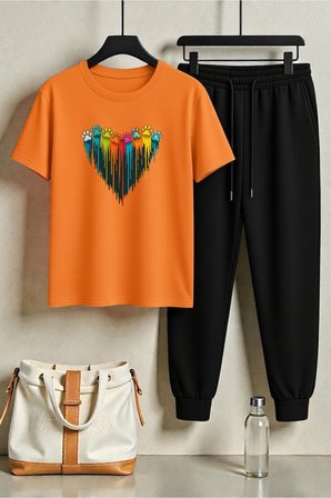 Unisex Sevimli Patiler Tasarım Baskılı Tişört - 2'li Eşofman Takımı