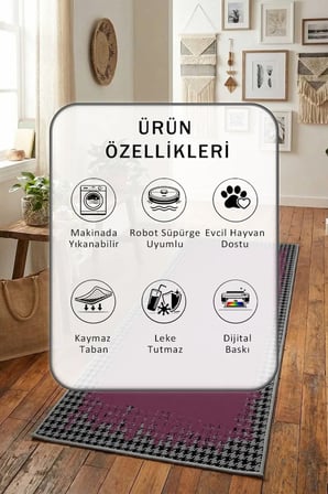 Yıkanabilir Kaymaz Kazayaği Mürdüm Dijital Baskılı Yolluk Halı Tüy Tutmaz