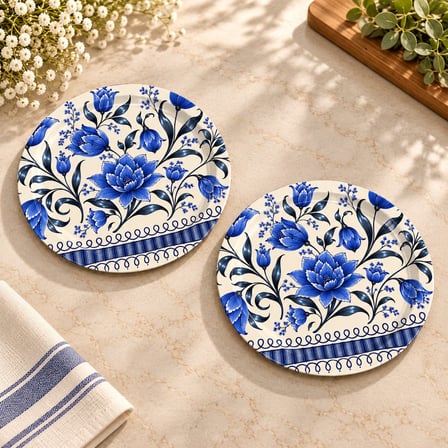 Mavi 2’li 24 cm Lale Desenli Servis Tepsisi Seti Turuncu Çiçekli Dekoratif Sunum Tepsi