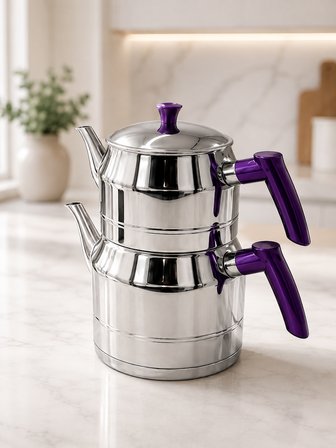 ÖzSafir Mega Jumbo Boy Çelik Çaydanlık Takımı-Alt:4 LT Üst:2 LT Hacimli