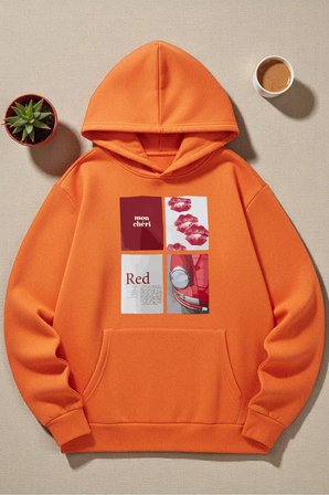 Unisex Red Mon Cheri Baskılı kapüşonlu Sweatshirt