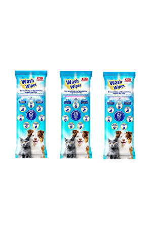 Bio PetActive Wash Wipes Kuru Yıkama ve Bakım Havlusu 25 Lİ  X 3 Paket