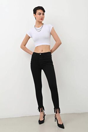 Kadın Skinny Fit Paçası Saçaklı Jean Pantolon Siyah