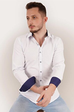 Mavi Nokta Desenli Armürlü Slimfit Gömlek