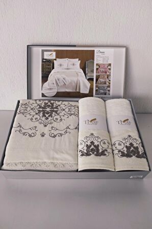 Tivoli Kabartma Nakışlı Pike Takımı Havlulu 8 Parça - Diana - Krem