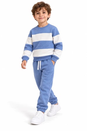 Ürün Adı Çocuk Mavi Ekru Çizgili 3 İplik Sweatshirt ve Eşofman Altı Takımı