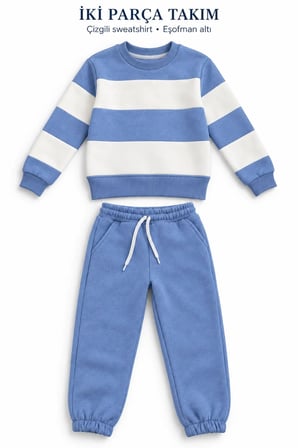 Ürün Adı Çocuk Mavi Ekru Çizgili 3 İplik Sweatshirt ve Eşofman Altı Takımı