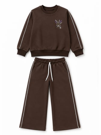 Kız Çocuk Kahverengi Çiçek Nakışlı Omuz Biyeli Sweatshirt ve Palazzo Eşofman Takımı