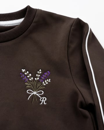Kız Çocuk Kahverengi Çiçek Nakışlı Omuz Biyeli Sweatshirt ve Palazzo Eşofman Takımı