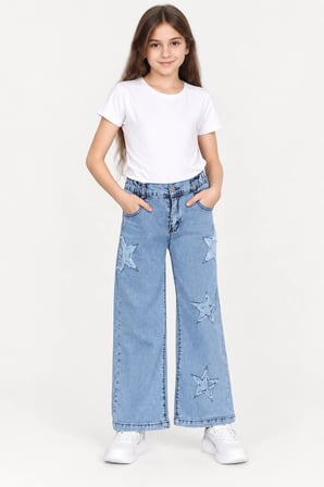 Kız Çocuk Açık Mavi Yıldız Nakışlı Geniş Paça Likralı Kot Pantolon