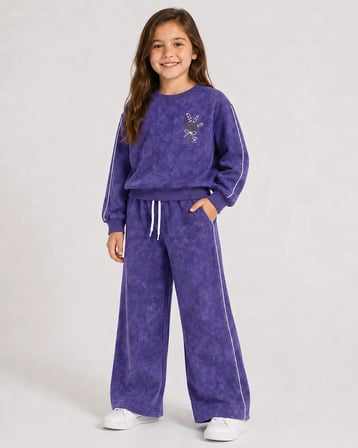 Kız Çocuk Mor Yıkama Efektli Çiçek Nakışlı Omuz Biyeli Sweatshirt ve Palazzo Eşofman Takımı