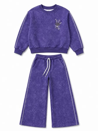 Kız Çocuk Mor Yıkama Efektli Çiçek Nakışlı Omuz Biyeli Sweatshirt ve Palazzo Eşofman Takımı