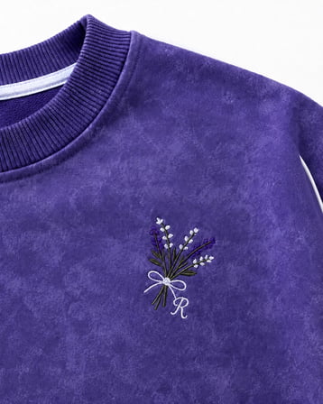 Kız Çocuk Mor Yıkama Efektli Çiçek Nakışlı Omuz Biyeli Sweatshirt ve Palazzo Eşofman Takımı