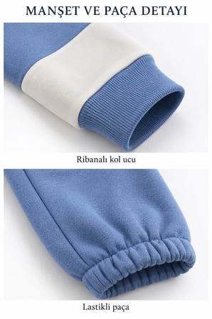 Ürün Adı Çocuk Mavi Ekru Çizgili 3 İplik Sweatshirt ve Eşofman Altı Takımı