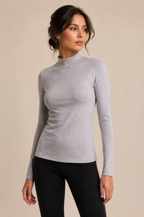 Kadın Gri Yarım Balıkçı Yaka Uzun Kollu Body
