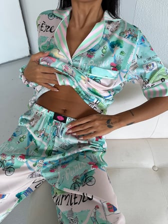 Muah Paris Morning Kadın Saten Pijama Takımı Şehir Desenli Kısa Kollu Mint Yeşili