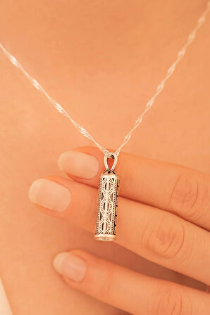 Kadın Gümüş Cevşen Muska Zincir Geometrik Desenli