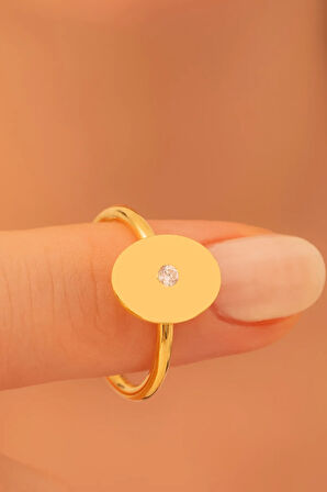 Kadın Gümüş Yüzük - El Işçiliği Altın Kaplama Elips Motifli Zirkon Taşlı Kadın Yüzük