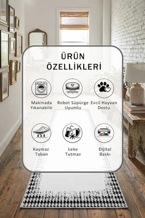 Kaz Ayağı Ortası Byz Modern Dijital Baskı Yıkanabilir Kaymaz Yolluk Halı