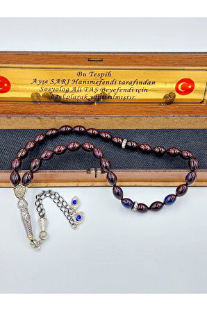 Siyah-mavi Alpaka Püsküllü Ateş Kehribar Tespih (AHŞAP KUTU)