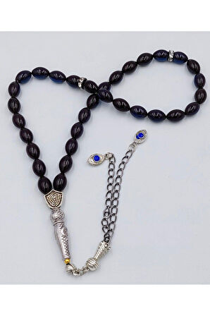 Siyah-mavi Alpaka Püsküllü Ateş Kehribar Tespih (AHŞAP KUTU)