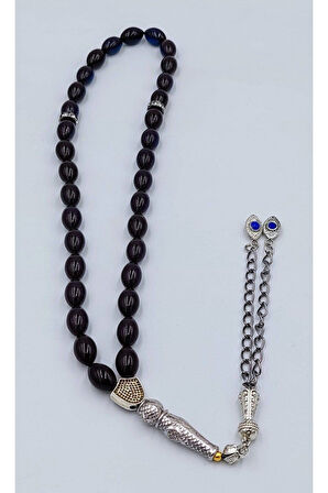 Siyah-mavi Alpaka Püsküllü Ateş Kehribar Tespih (AHŞAP KUTU)