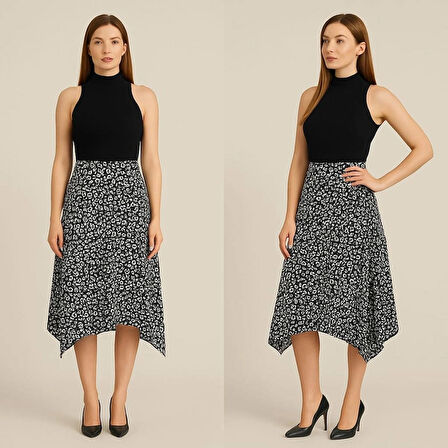 KADIN Asimetrik Kesim Siyah Beyaz Çok Şık Etek  (ORTA KALINLIK)