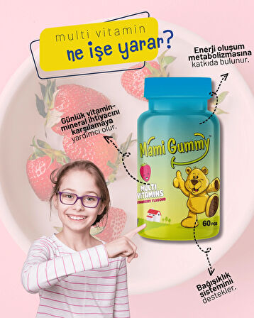 Mamigummy Kids Gummies Multivitamin 60 Adet Çiğnenebilir Gummy Jel Çilek Aromalı