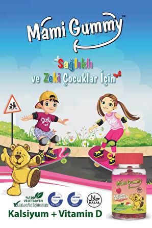Mamigummy Kids Gummies D Vitamini Ve Kalsiyum Içeren 60 Adet Çiğnenebilir Gummy Jel Çilek Aromalı