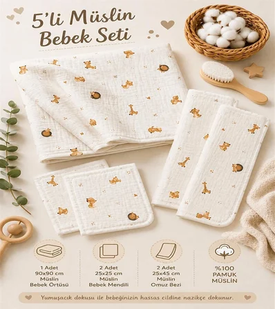 More Home 5 Parça Müslin Bez Seti Pamuklu Hayvan Figürlü Kahverengi Beyaz