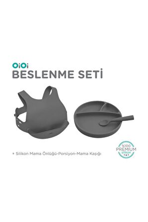 3'lü Beslenme Seti (Tabak-önlük-kaşık) - Gri