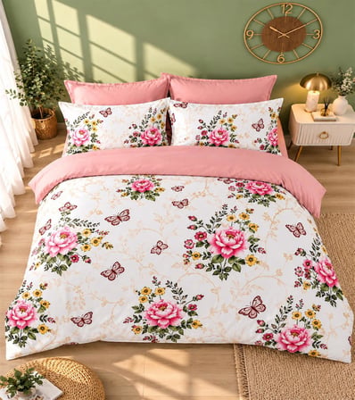 More Home Çift Kişilik Yorgan Kılıfı + Yastık Kılıfı (Çarşafsız) Botanik Bahçe Pembe 