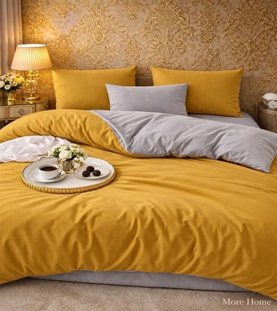 More Home Tek Kişilik Nevresim Takımı  Lastikli (Çarşaflı) Koyu sarı Gri