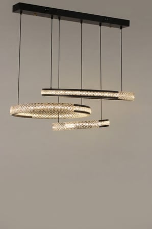 Lüks Siyah Kasa Kristal Taşlı 3'lü Halka Sarkıt Modern Avize