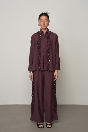 Kadın Gül Ve Taş Şerit İşlemeli Düz Gömlek