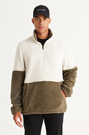 Erkek Bej-haki Standart Fit Bato Yaka Kanguru Cepli Çift Renkli Sherpa Polar Sweatshirt
