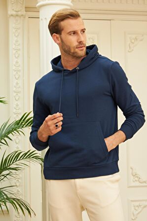 Erkek Kapüşonlu Comfort Fit Düz Sweatshirt Lacivert