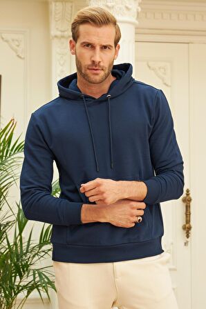 Erkek Kapüşonlu Comfort Fit Düz Sweatshirt Lacivert