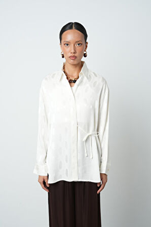 Kadın Ekru Renk Yandan Bağlamalı Desenli Gömlek