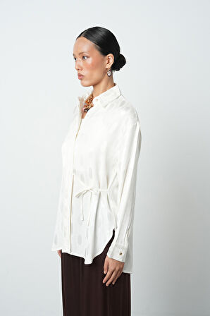 Kadın Ekru Renk Yandan Bağlamalı Desenli Gömlek