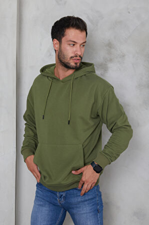 2D2B  Erkek Oversize Kapüşonlu Kanguru Cepli Ribanalı Uzun Kollu Basic Sweatshirt