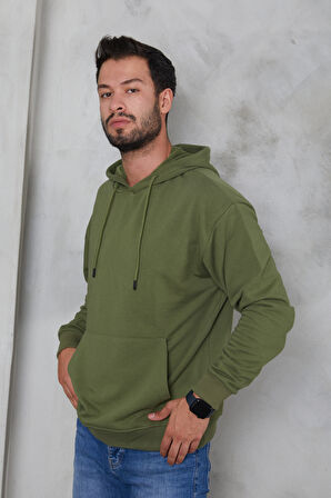 2D2B  Erkek Oversize Kapüşonlu Kanguru Cepli Ribanalı Uzun Kollu Basic Sweatshirt