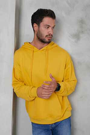 2D2B  Erkek Oversize Kapüşonlu Kanguru Cepli Ribanalı Uzun Kollu Basic Sweatshirt