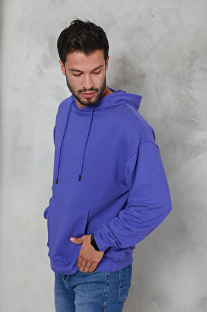 2D2B  Erkek Oversize Kapüşonlu Kanguru Cepli Ribanalı Uzun Kollu Basic Sweatshirt