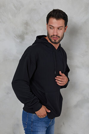 2D2B  Erkek Oversize Kapüşonlu Kanguru Cepli Ribanalı Uzun Kollu Basic Sweatshirt