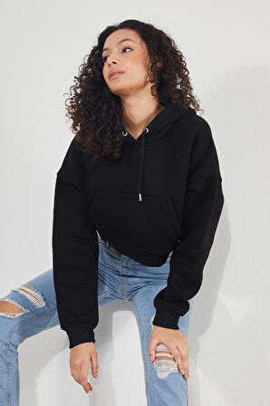 2D2B Kadın Kapüşonlu Kanguru Cepli 3 İplik İçi Polarlı Şardonlu Basic Kalın Crop Sweatshirt