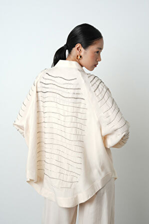 Kadın Arkası Ve Kolları Yatay Taş İşlemeli Oversize Kesim Kimono