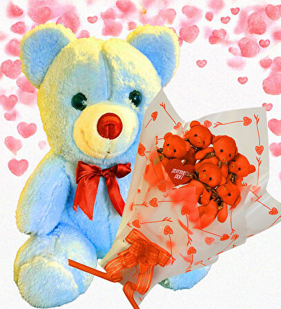 Sevimli 35 cm Peluş Ayı ile Premium Yumoş Kırmızı Peluş Ayıcık Buketi